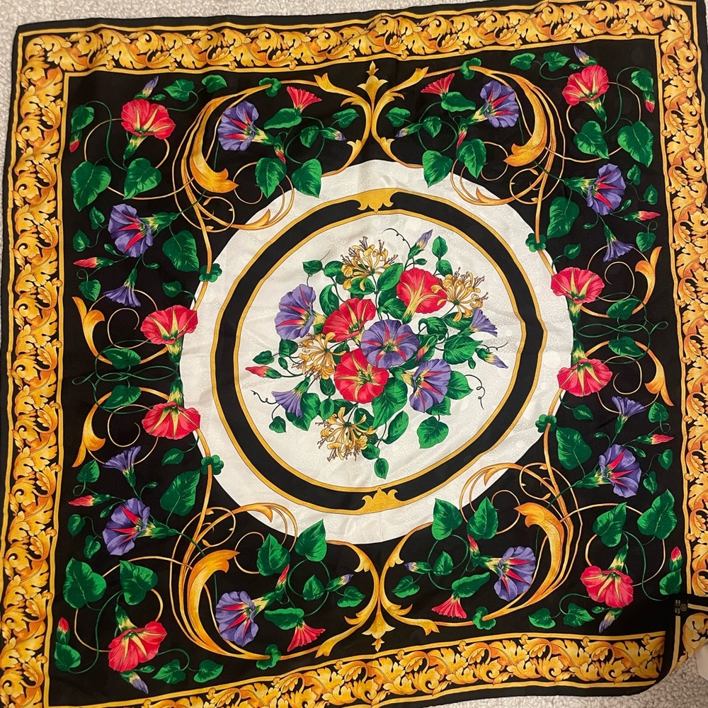 Vintage Floral Silk Scarf with Vibrant Colors